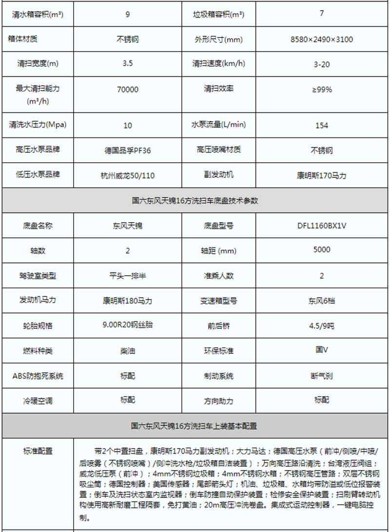 國六天錦洗掃車參數 國六天錦洗掃車參數